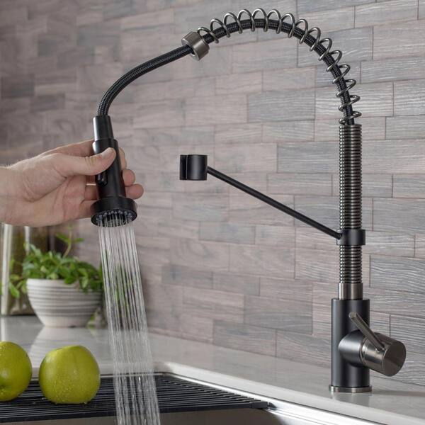 Green Leaf Black/Chrome Kitchen Sink Mixer Tap Fitting with Extendable Dish Rinser