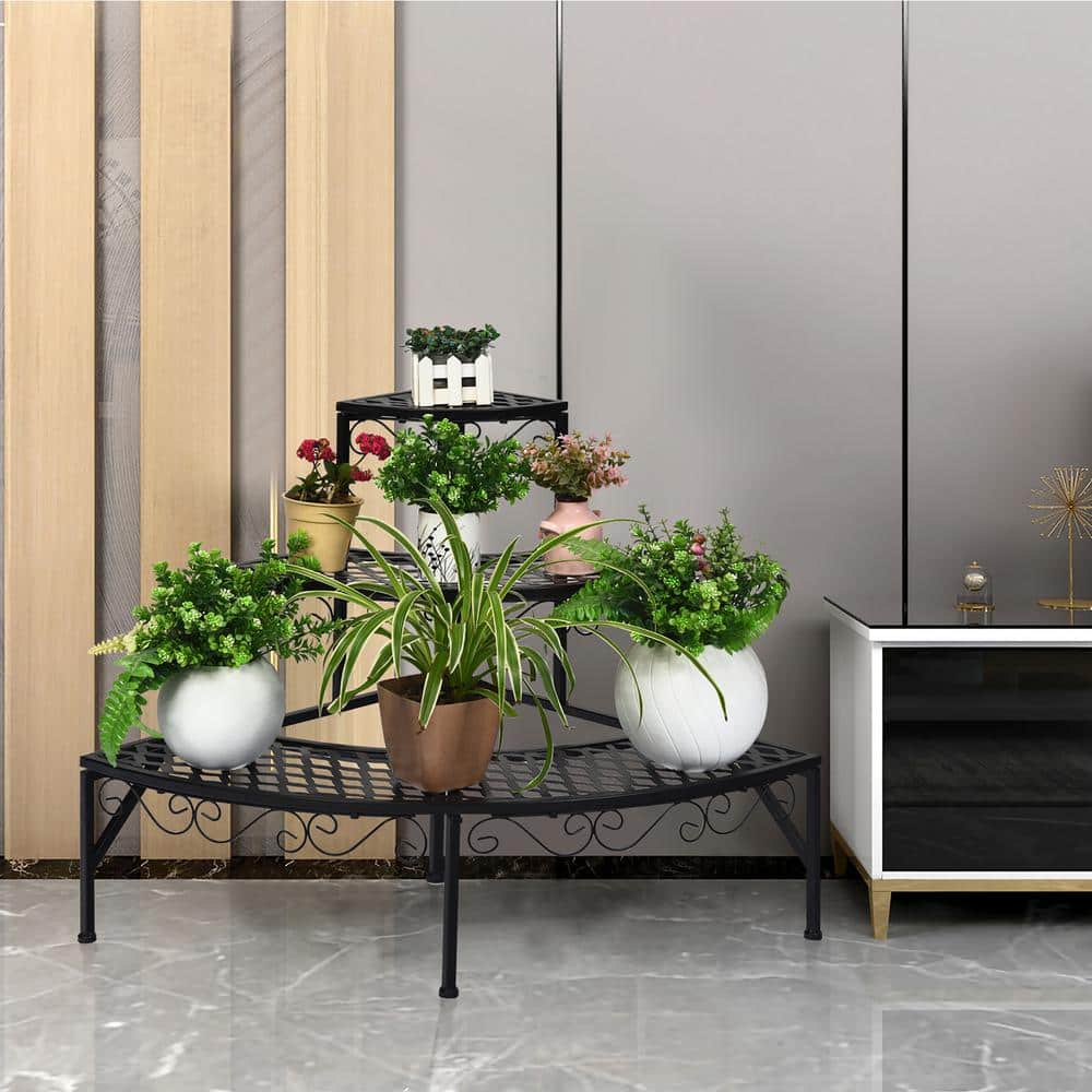 Elegant Black Metal 3-Tier Corner Plant Stand Display Rack