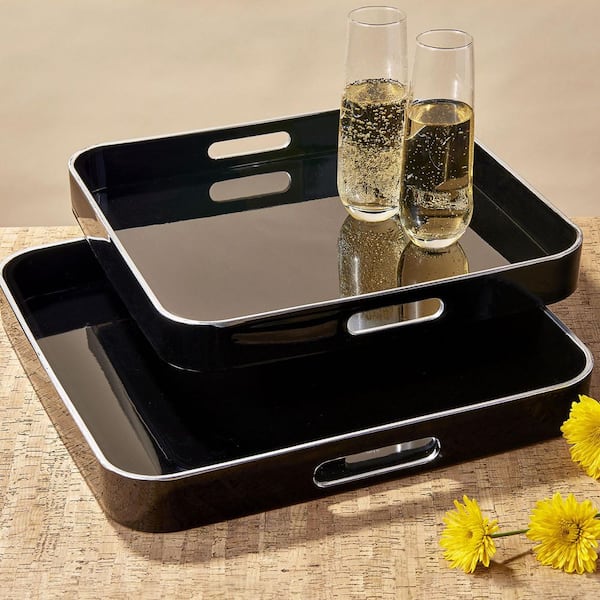 Trina Turk Black Square Serveware Serving Tray with Silver Rim (Set of 2)