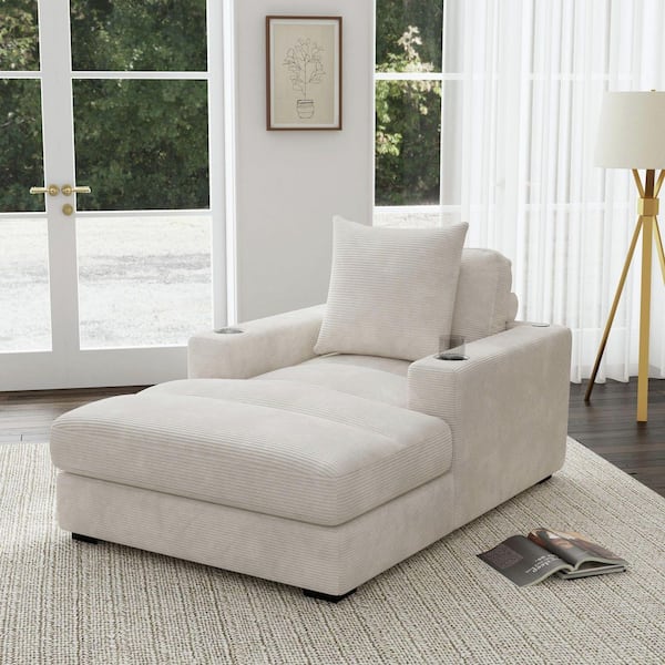 Mesa Beige Polyester with 1-Pillow 20 in. 2-Cupholders and 2 USB Track Arm Chaise Lounge