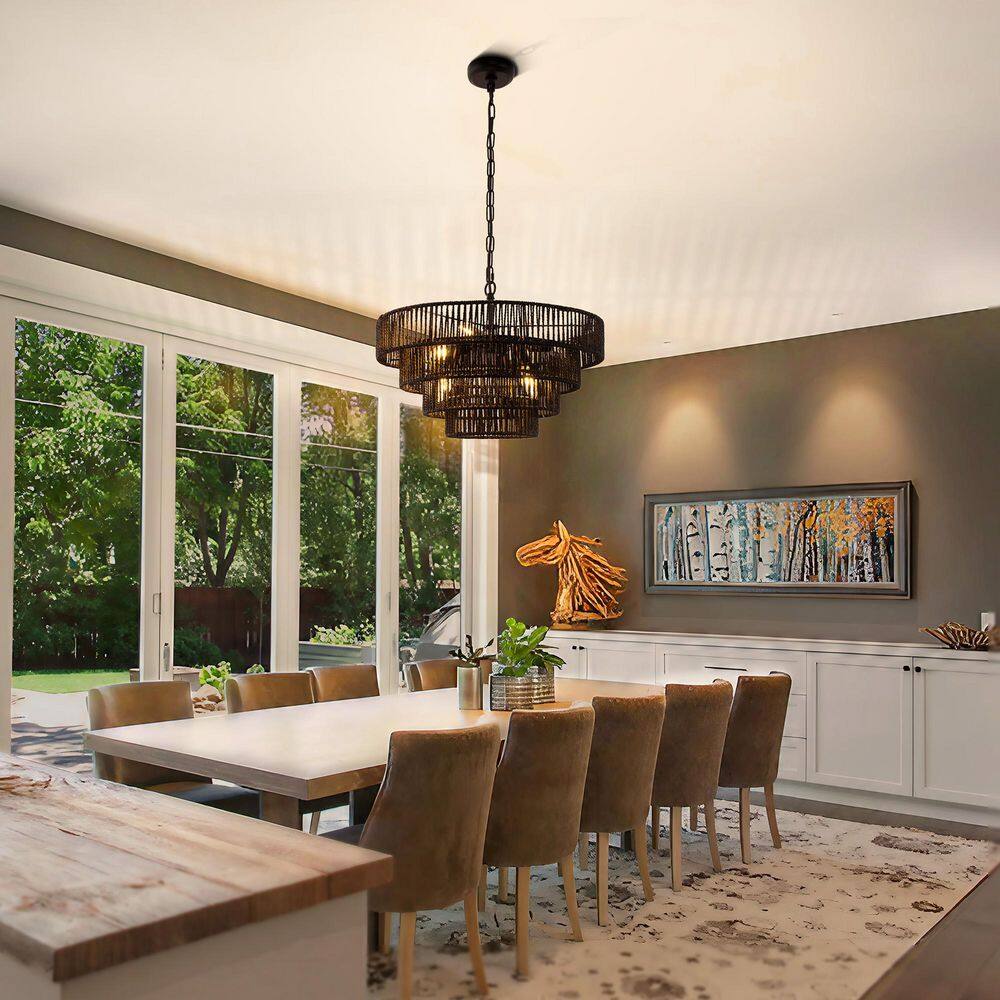 20-inch Black Rattan 6-Light Geometric Pendant Chandelier