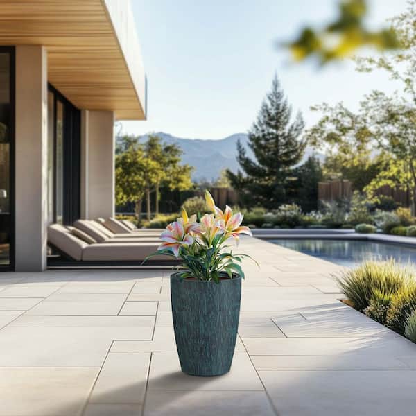 11.5 in. Medium Blue Patina (Enhanced Interior) Concrete Round Planter/Pot with Drainage Holes