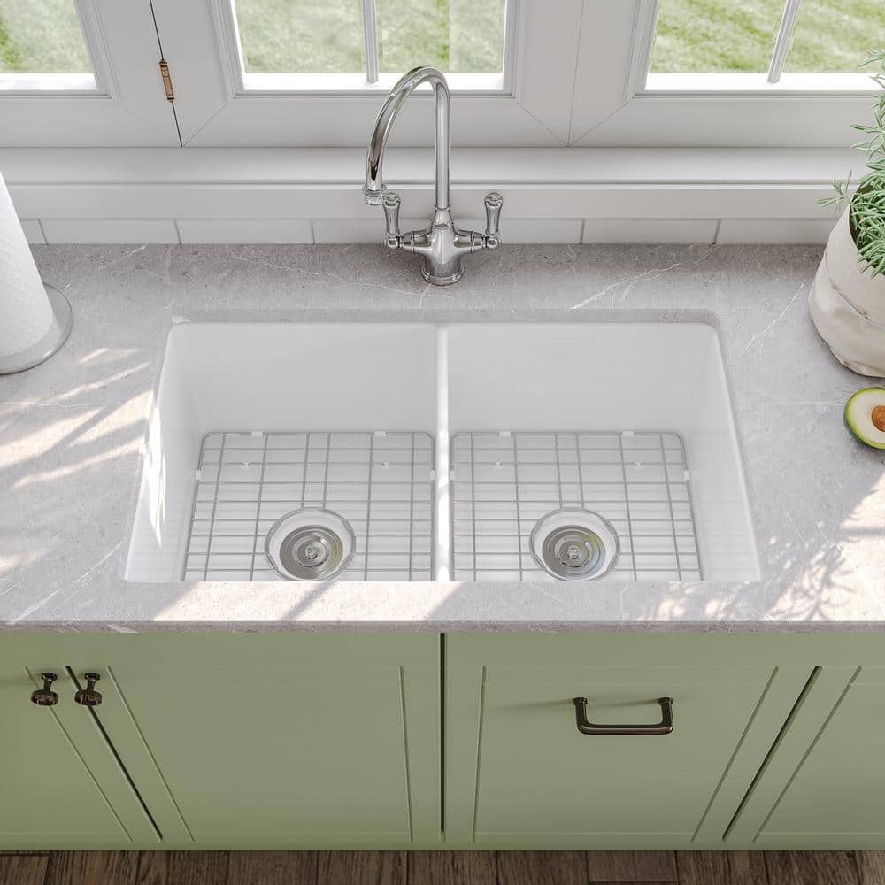 32" L Dual Mount 50/50 Double Bowl Undermount/Drop in Kitchen Sink with Basket Strainer and Sink Grid