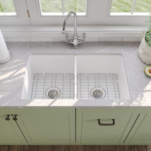 32 in. L x 19 in. W White Fireclay Rectangular Double Bowl Undermount Kitchen Sink with Bottom Grid and Basket Strainer