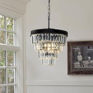 3-Light 13in Modern Small Tiered Crystal Chandelier in Matte Black for Dining Room