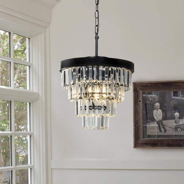 ALOA DECOR 3-Light Tiered Matte Black Mini Chandelier With Clear Crystals