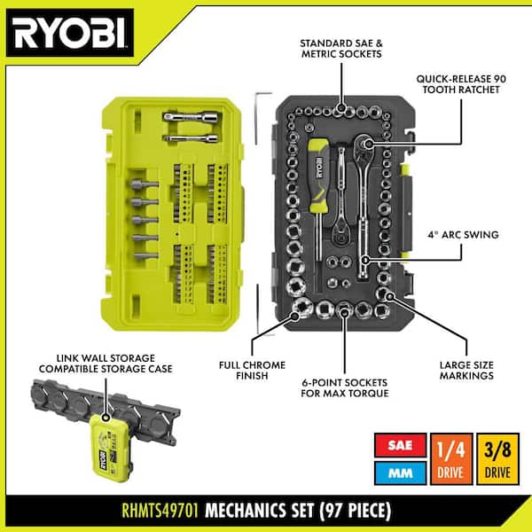 RYOBI 97-Piece 1/4 in. and 3/8 in. Drive Mechanics Tool Set