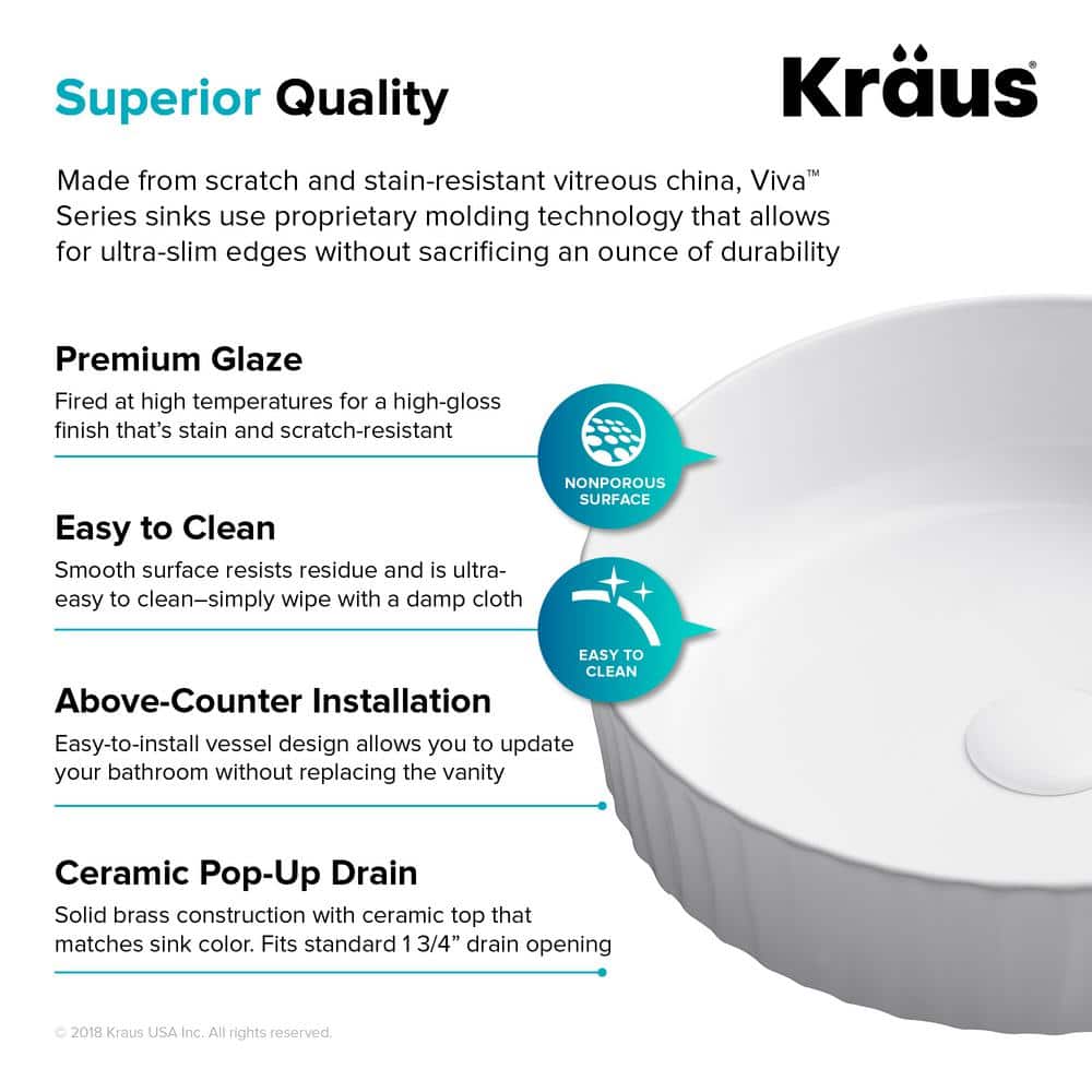 Viva Round White Ceramic Vessel Sink with Pop-Up Drain