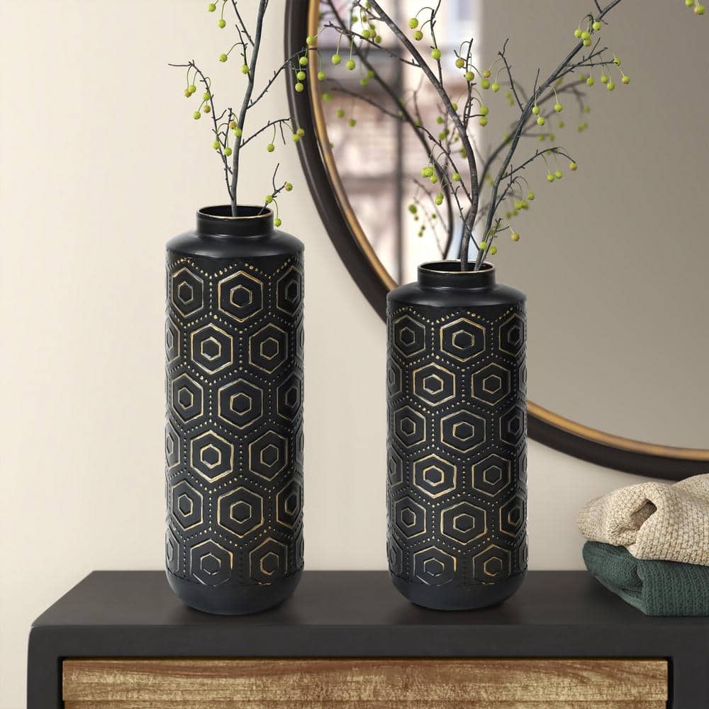 Black and Silver Geometric Metal Table Vase Set