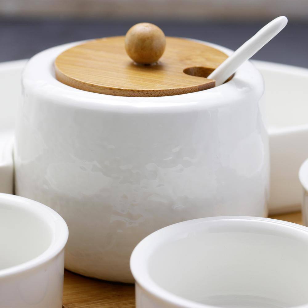 White Ceramic and Bamboo 8-Piece Appetizer Serving Set
