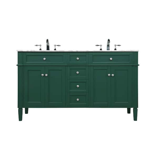 Timeless Home 60 in. W Double Bath Vanity in Green with Marble Vanity ...