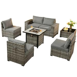 Metis 7-Piece Wicker Outdoor Patio Fire Pit Conversation Sectional Sofa Set and with Gray Cushions