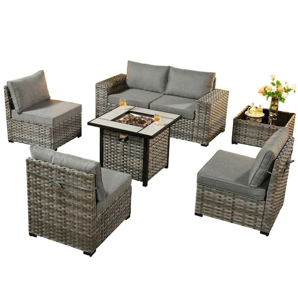 Metis 7-Piece Wicker Outdoor Patio Fire Pit Conversation Sectional Sofa Set and with Gray Cushions