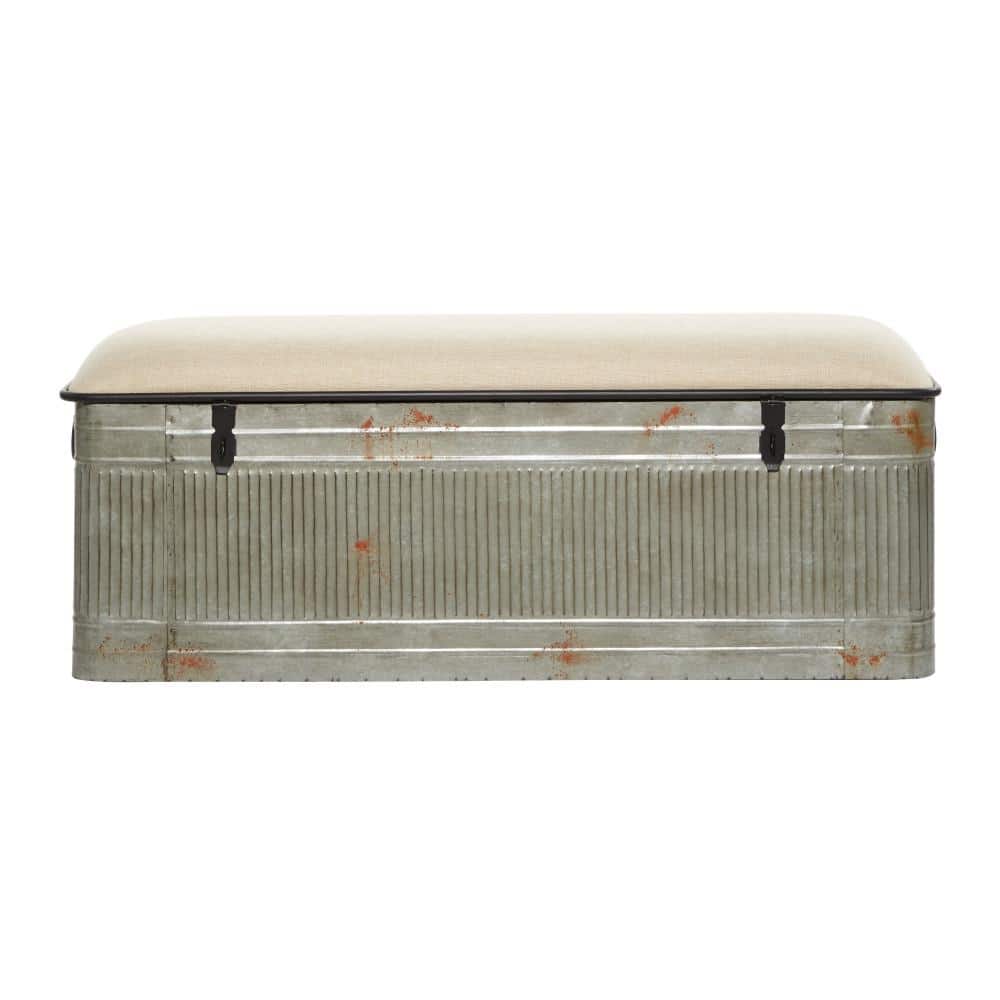 Gray Galvanized Metal Storage Bench with Beige Upholstered Seat