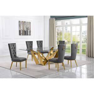 Meryl 7-Piece Rectangular Glass Top Gold Stainless Steel Dining Set With 6-Dark Grey Velvet Gold Stainless Steel Chairs