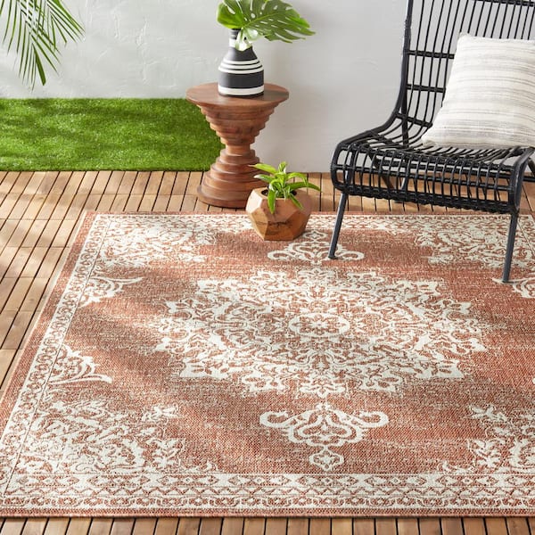 Patio Country Azalea Terracota/Ivory 6 ft. x 9 ft. Medallion Indoor/Outdoor Area Rug