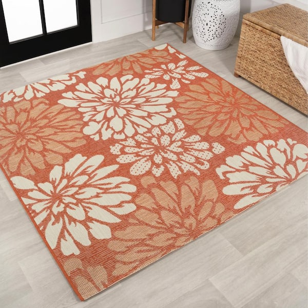 Zinnia Modern Floral Textured Weave Orange/Cream 5 ft. Square Indoor/Outdoor Area Rug