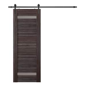 Perla 18 in. x 95.25 in. 2-Lite Frosted Glass Gray Oak Wood Composite Sliding Barn Door with Hardware Kit