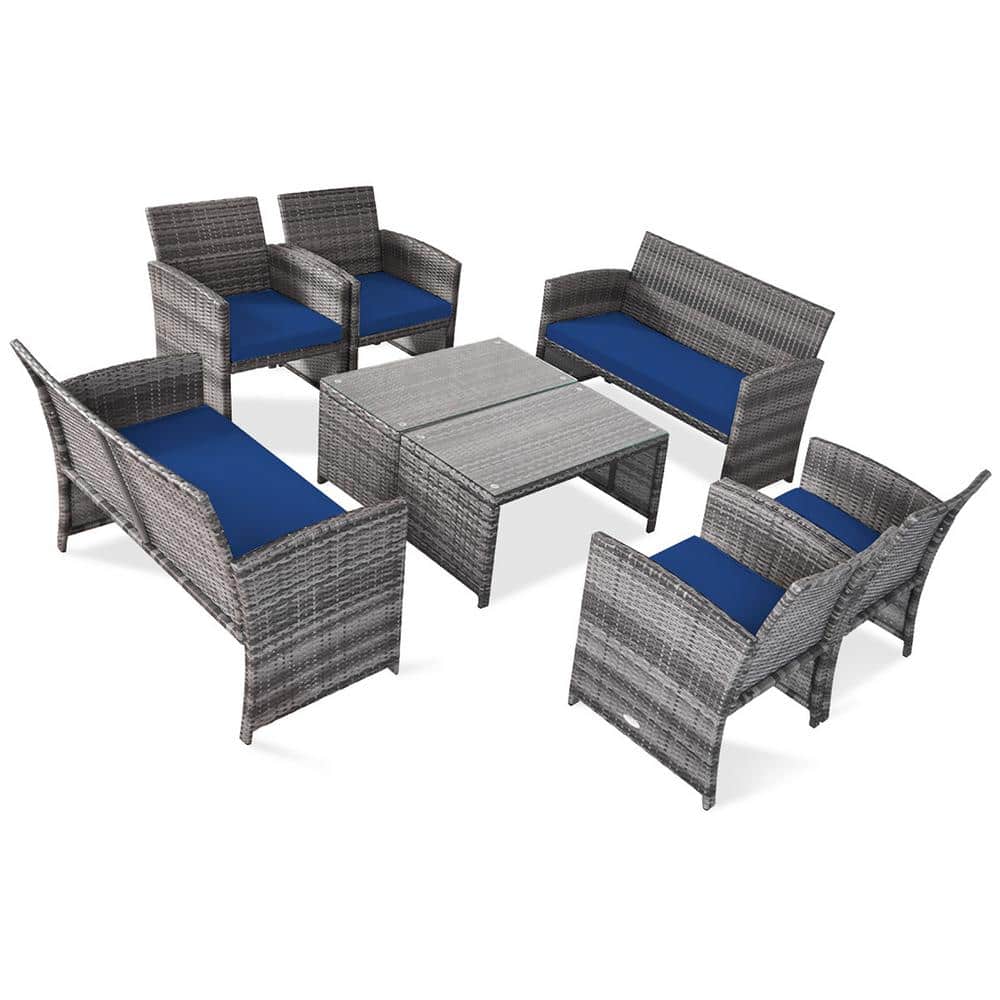Navy and Gray Steel 8-Piece Patio Conversation Set with Cushions