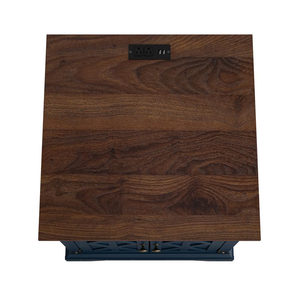 Navy and Dark Wood Farmhouse Side Table with Storage