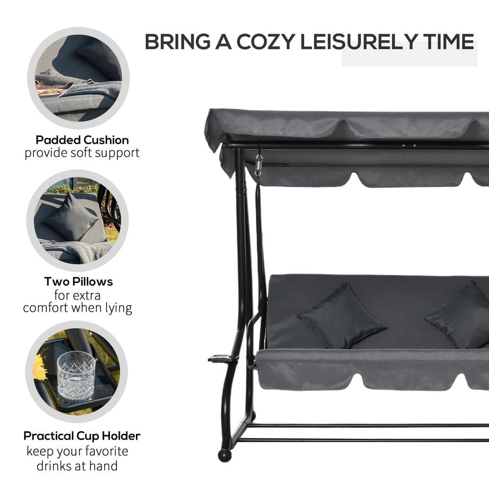 Gray Cushioned 3-Seat Outdoor Swing Bench with Canopy