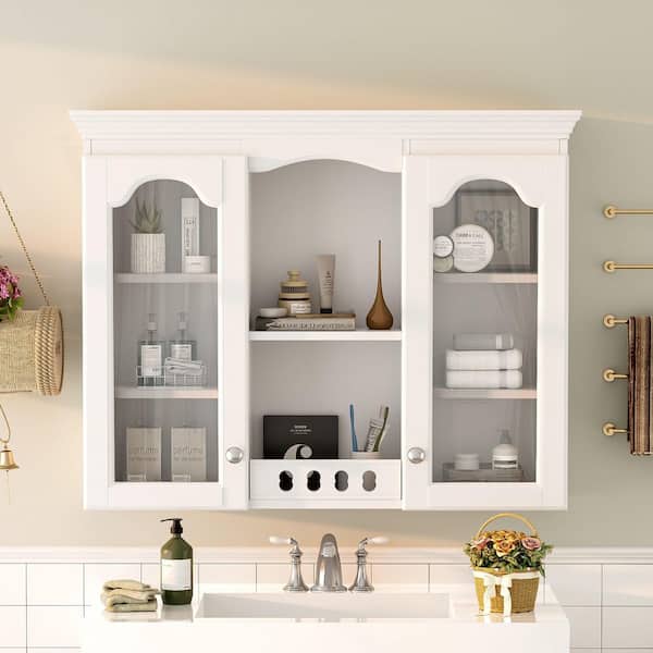 35 in. W x 28 in. H Rectangular White Surface Mount Medicine Cabinet without Mirror, with 2-Glass Doors