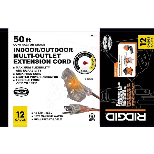 RIDGID 50 ft. 12/3 Heavy Duty Indoor/Outdoor Extension Cord with