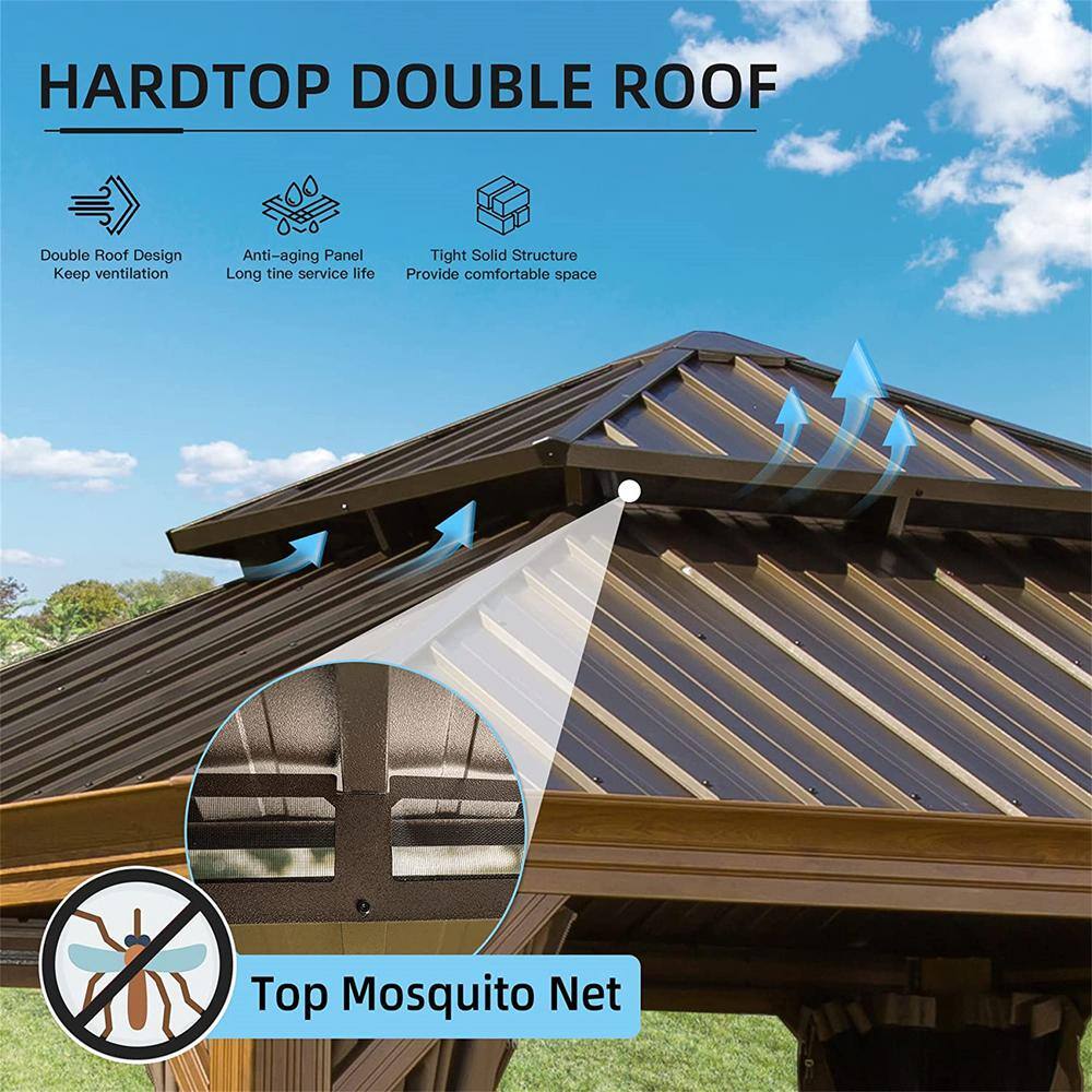12 ft x 12 ft Brown Aluminum Hardtop Patio Gazebo with Curtains