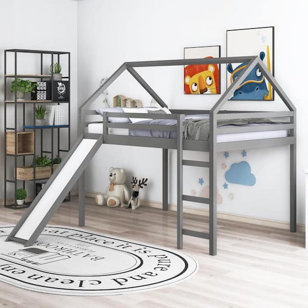 GODEER Gray Full Loft Bed with Slide, House Bed with Slide ...