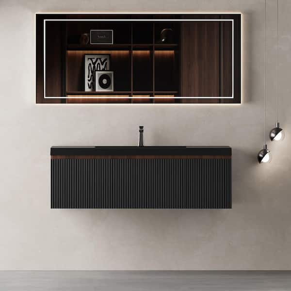 48 in. Wall-Mounted Bath Vanity Modern Floating Bathroom Vanity in Smoked Walnut with Black Quartz Sand Top