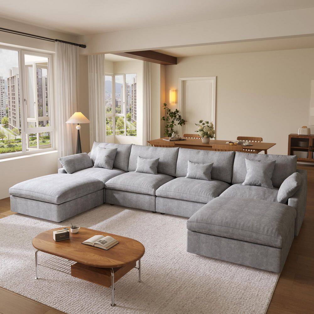 155.9 in. Slope Arm 6-Piece Linen Down L Shape Sofa Free Combination Couch with Ottoman, Removable Covers in Gray