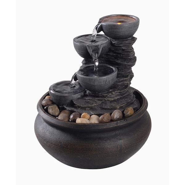 Teamson Home Table Top Tiered Fountain with LED Light in Stone Grey