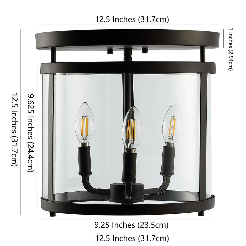 Ciel Simple Farmhouse 12.5" 3-Light Black Iron Glass Flush Mount