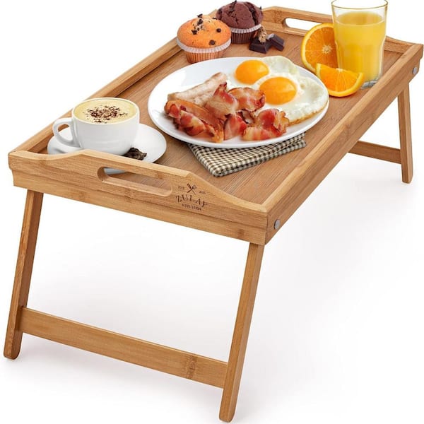 Zulay Kitchen 11 in W x 9 in H x 19 D Rectangular Bamboo Wood Breakfast in Bed Tray Table with Folding Legs
