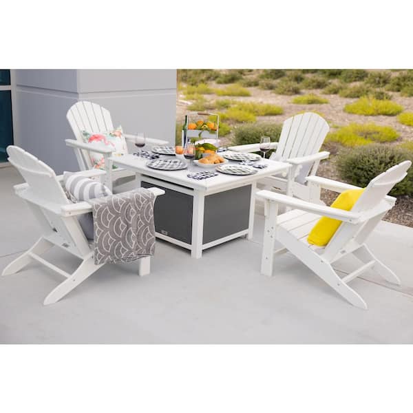 LuXeo Park City 42 in. Two-Toned White Square Top Fire Pit, 5-Piece Plastic Patio Conversation Set with White Hampton Chairs