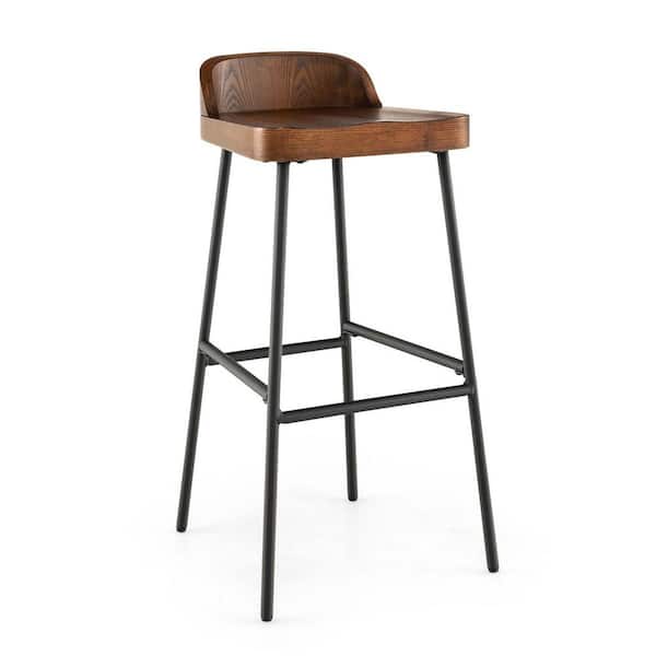 Gymax Industrial 29 in. Rustic Brown Low Back Metal Bar Stool Bar Height Saddle Seat Kitchen Stool
