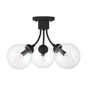 16 in. W x 12 in. H 3-Light Matte Black Semi-Flush Mount Ceiling Light with Clear Orb Glass Shades