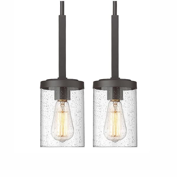 2-Pack 1-Light Black Farmhouse Pendant Lighting Kitchen Island Hanging Light Fixtures with Seeded Glass Shade