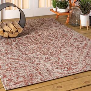 Estrella Red/Taupe 9 ft. x 12 ft. Bohemian Medallion Textured Weave Indoor/Outdoor Area Rug