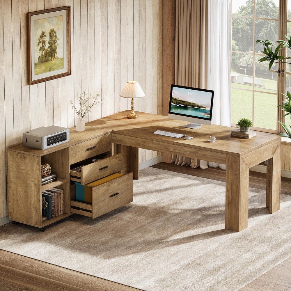 BYBLIGHT Capen 63 in. Brown Wood Executive Desk with Movable File