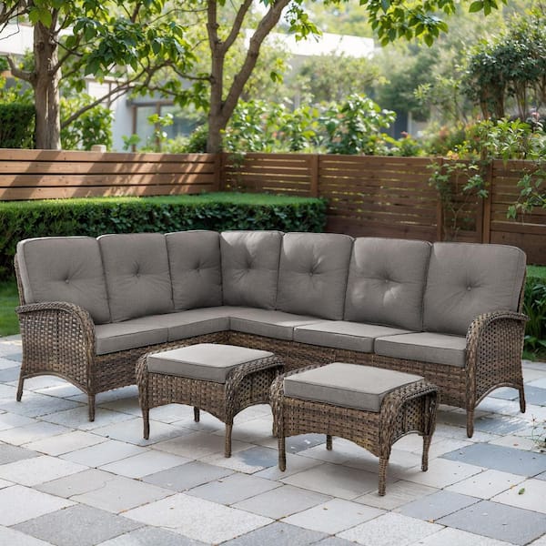 4-Piece Brown Wicker Outdoor Sectional Set with Olefin Gray Cushions and L-Shaped Sofa/Ottomans