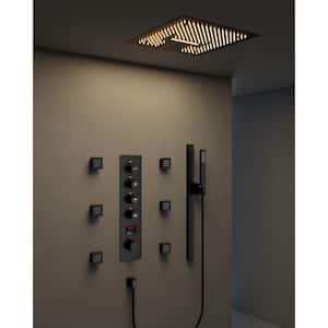 Thermostatic LED 15-Spray 16 in. Dual Ceiling Mount Fixed and Handheld Shower Head 2.5 GPM with Valve in Matte Black