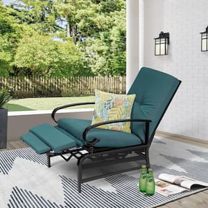 Adjustable Black Metal Outdoor Recliner with Peacock Blue Cushions