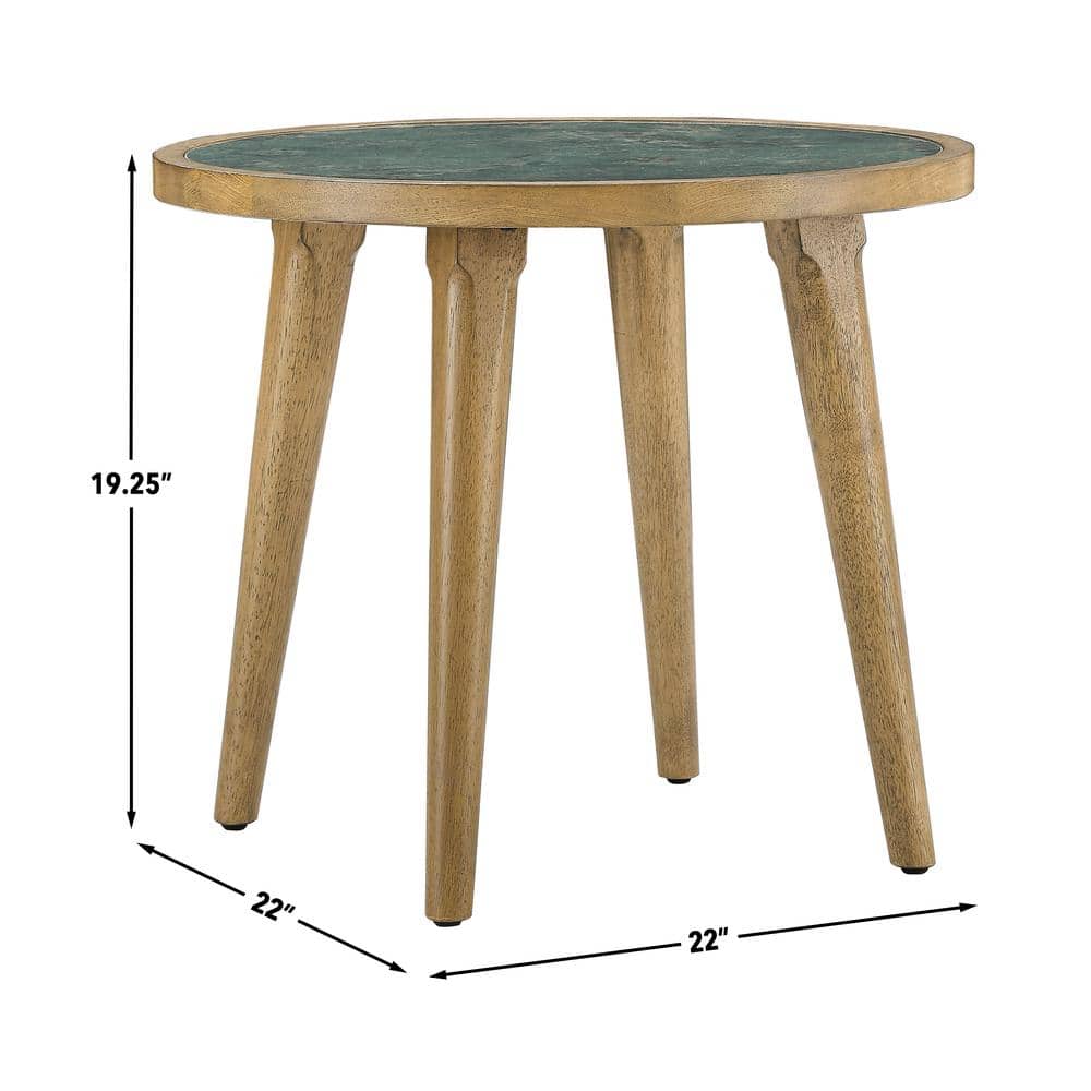 22" Round Green Sintered Stone and Wood End Table