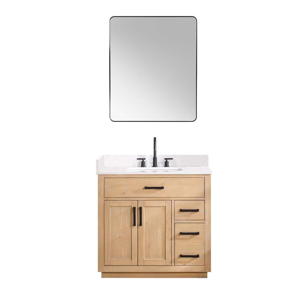 Gavino 36" Light Brown Wood Vanity with Composite Stone Top and Mirror