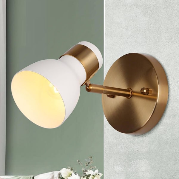 Adjustable 4.7 in. 1-Light Modern Minimalist Brass Gold Wall Sconce, White Wall Lamp with Metal Bell Shade for Bedroom