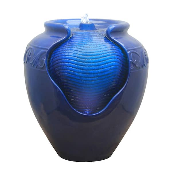 Teamson Home 16.93 in. Royal Blue Outdoor Glazed Urn Pot Floor Water Fountain with LED light