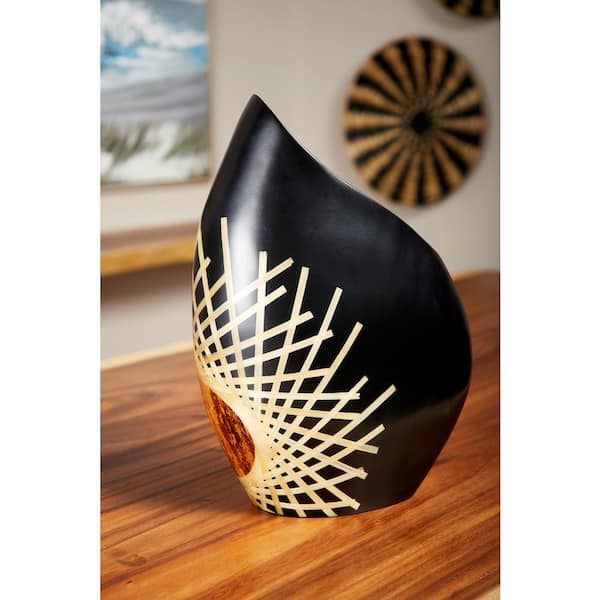 Litton Lane 17 in. Black Glazed and Bamboo Inlay Banana Wood Decorative Vase with Exposed Bark Detail