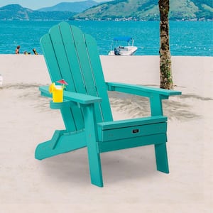 Green Poly Lumber Folding Adirondack Chair with Pullout Ottoman and Cup Holder for Patio Deck Garden (1-Pack)