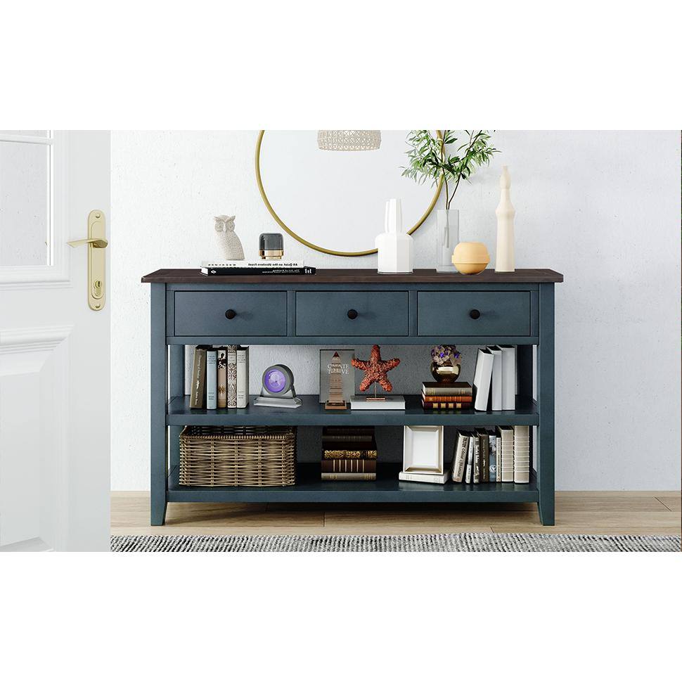 50" Navy Pine Wood Console Table with Storage Drawers and Shelves